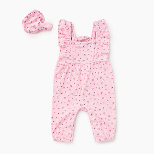 Baby Girls Cotton Muslin Jumpsuit Pink Floral Print with Headband