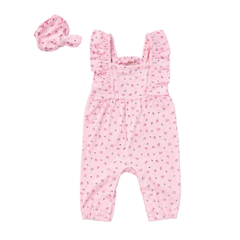Baby Girls Cotton Muslin Jumpsuit Pink Floral Print with Headband