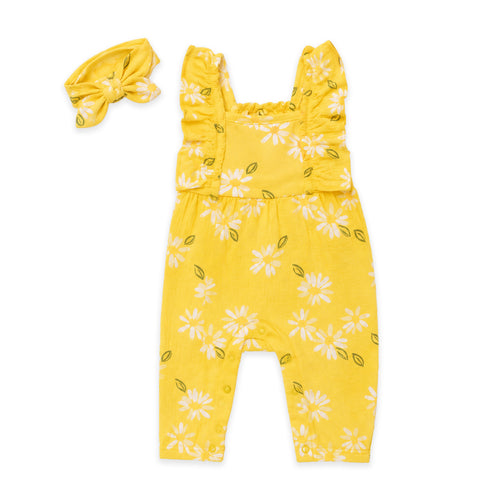 Baby Girls Cotton Muslin Jumpsuit Yellow Flower Print with Headband