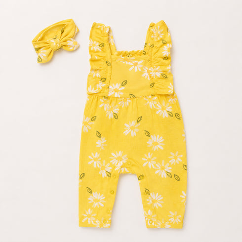 Baby Girls Cotton Muslin Jumpsuit Yellow Flower Print with Headband