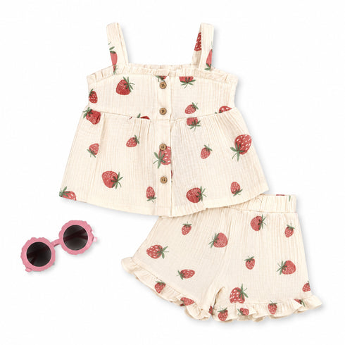 Baby Girls Muslin Suit Set Frock Shorts and Sunglasses Cream Strawberry Print