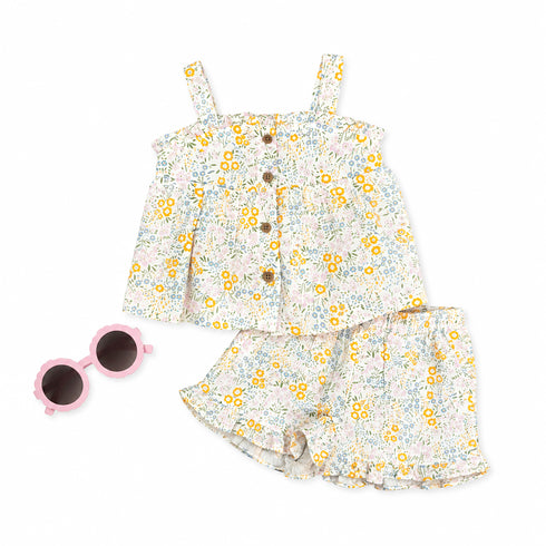Baby Girls Muslin Suit Set Frock Shorts and Sunglasses Off White Floral