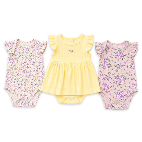 Baby Girls Pack of 3 Onesies Party Wear Frock Style Yellow Purple Textured Printed