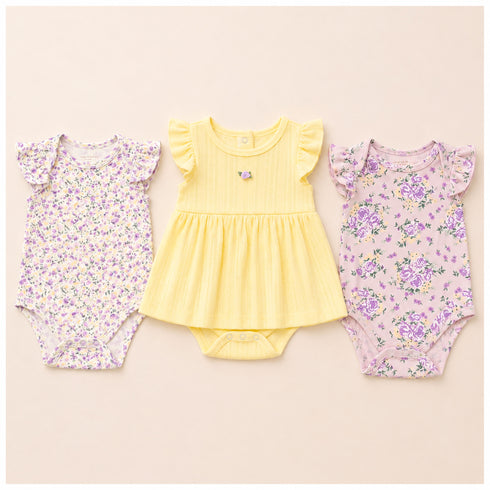 Baby Girls Pack of 3 Onesies Party Wear Frock Style Yellow Purple Textured Printed