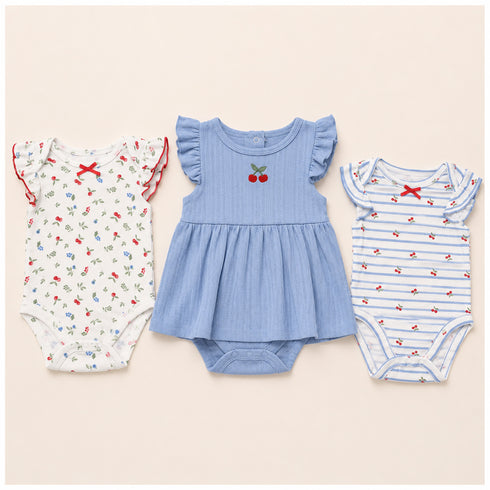 Baby Girls Pack of 3 Onesies Party Wear White Blue Textured Printed
