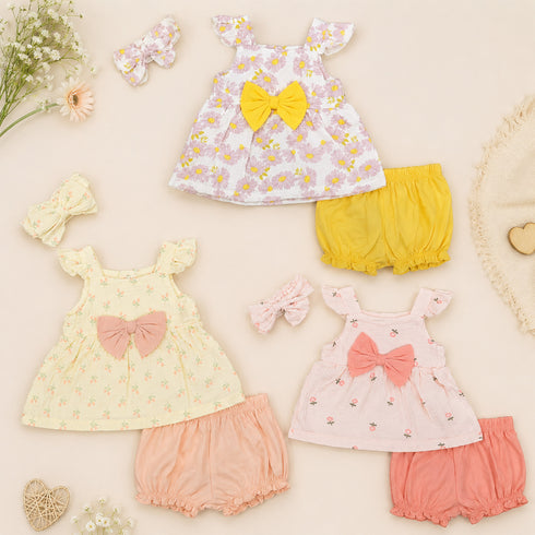Baby Girls Suit Set Frock Shorts and Headband Cream Floral Printed