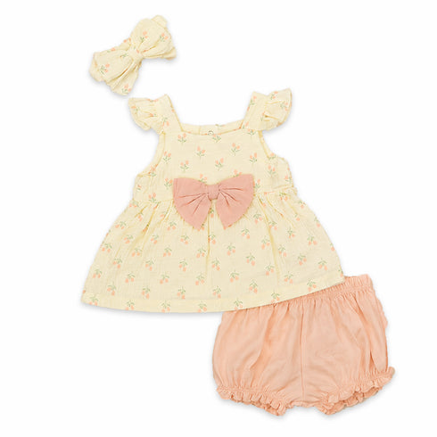 Baby Girls Suit Set Frock Shorts and Headband Cream Floral Printed
