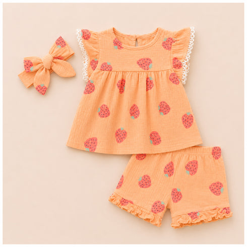 Baby Girls Suit Set Frock Shorts and Headband Peach Strawberry Printed