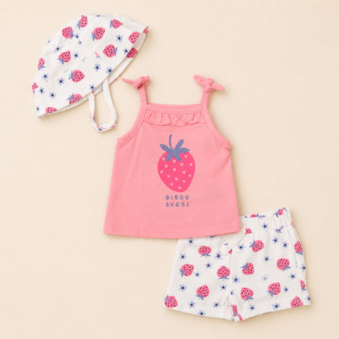 Baby Girls Suit Set Sando Shirt with Shorts and Hat Pink & White Strawberry