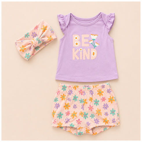 Baby Girls Suit Set Sando Shorts and Headband Purple Floral