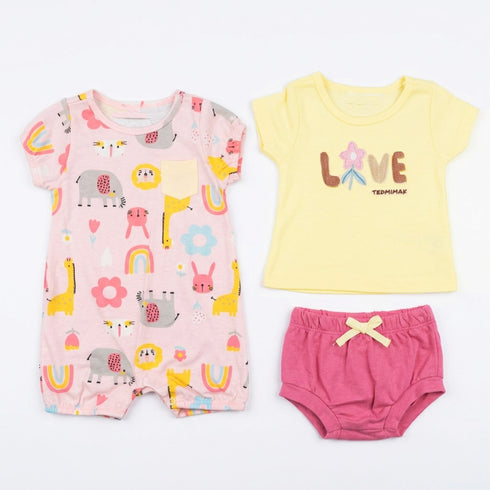 Baby Girls T-Shirt Onesie & Panty 3-Piece Set Cream Pink Love Set