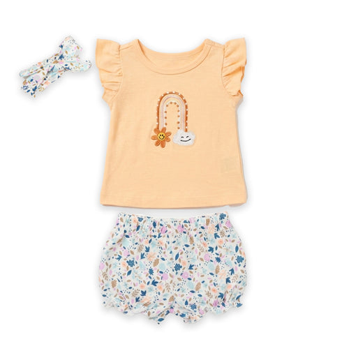 Baby Girls T-Shirt & Shorts Set with Headband Creme Boho Rainbow Flutter Set