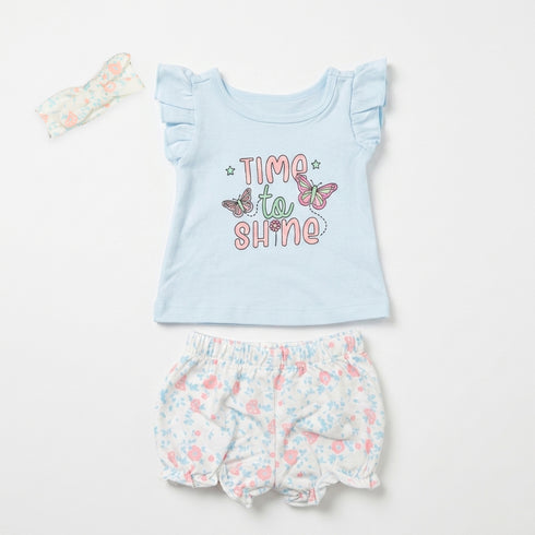 Baby Girls T-Shirt & Shorts Set with Headband Light Blue Butterfly Time to Shine Flutter Set