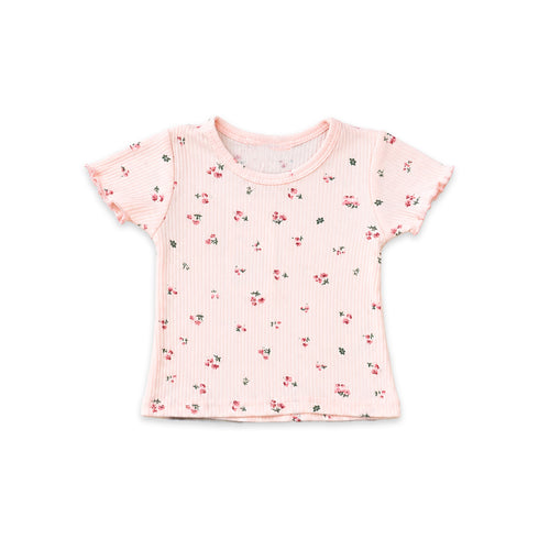 Baby Girls T-Shirt & Shorts Set with Hair Clips Pink Floral Ribbed & Heart Motif Denim Set