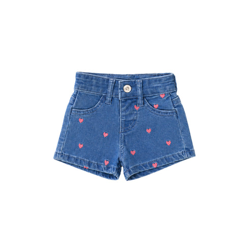 Baby Girls T-Shirt & Shorts Set with Hair Clips Pink Floral Ribbed & Heart Motif Denim Set