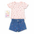 Baby Girls T-Shirt & Shorts Set with Hair Clips Pink Floral Ribbed & Heart Motif Denim Set