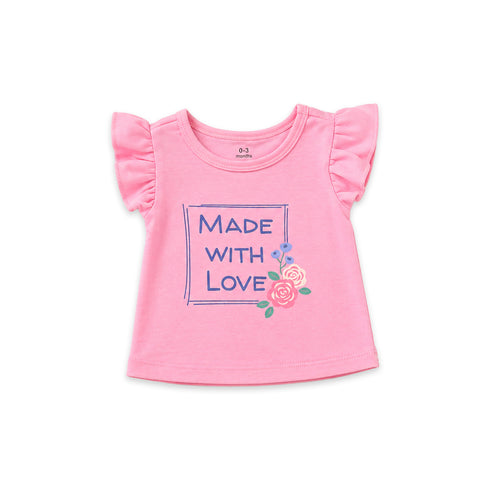 Baby Girls T-Shirt & Shorts Set with Headband Pink Made With Love Flutter Sleeve Set