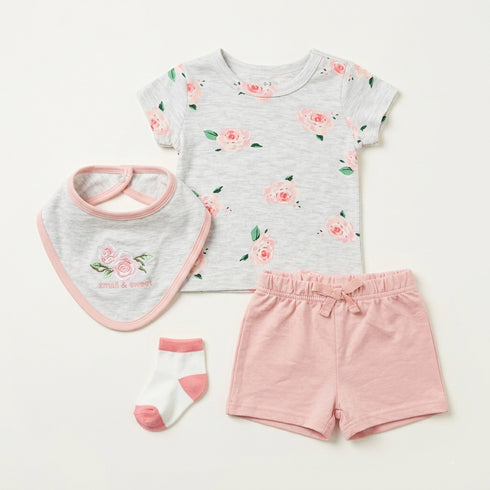 Baby Girls T-Shirt & Shorts Set with Bib & Socks Pink Smell So Sweet Floral Set