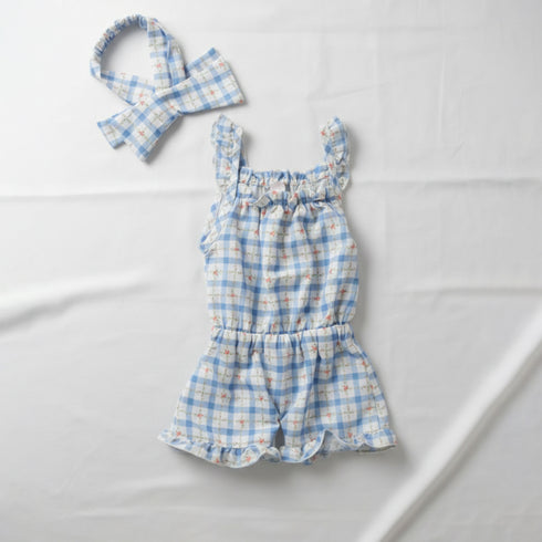 Baby Jumpsuit with Headband Blue Floral Checks