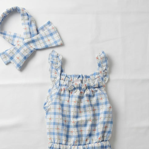 Baby Jumpsuit with Headband Blue Floral Checks