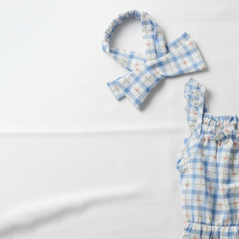 Baby Jumpsuit with Headband Blue Floral Checks