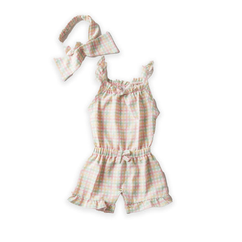 Baby Jumpsuit with Headband Green & Pink Checks