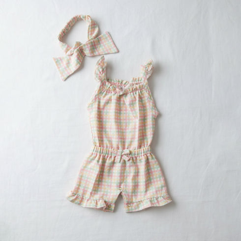 Baby Jumpsuit with Headband Green & Pink Checks
