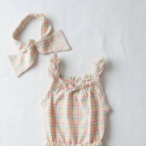 Baby Jumpsuit with Headband Green & Pink Checks