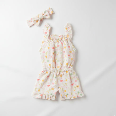 Baby Jumpsuit with Headband White Pink Flowers
