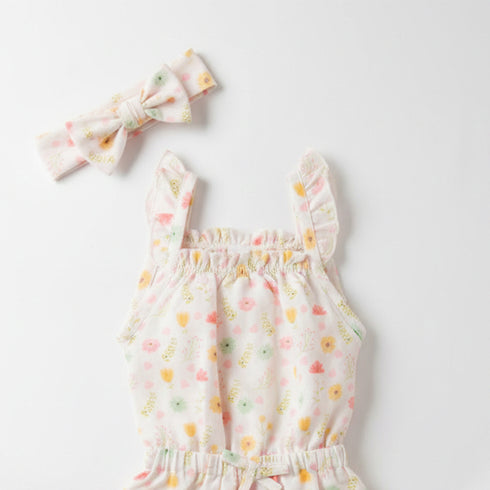 Baby Jumpsuit with Headband White Pink Flowers