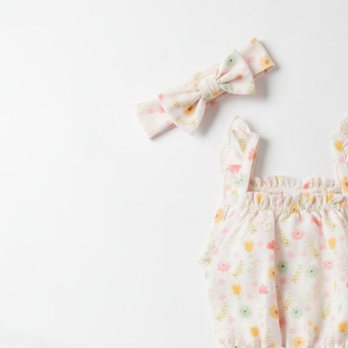 Baby Jumpsuit with Headband White Pink Flowers