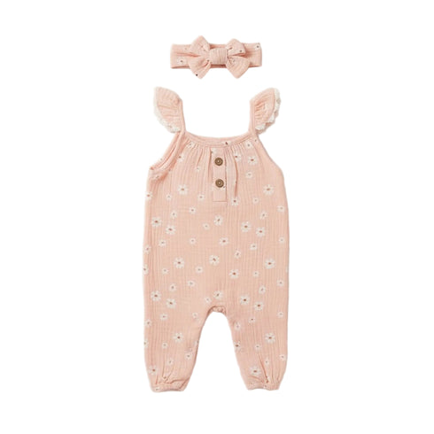 Muslin Cotton Jumpsuit with Headband Pink Floral Accent