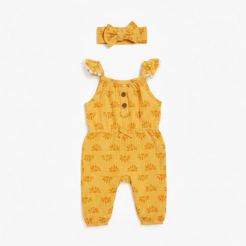 Muslin Cotton Jumpsuit with Headband Floral Motif