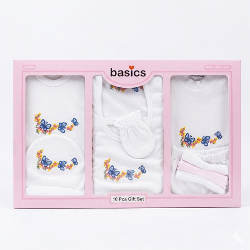 Pack of 10 Baby Starter Gift Set White Embroidered Floral & Butterfly