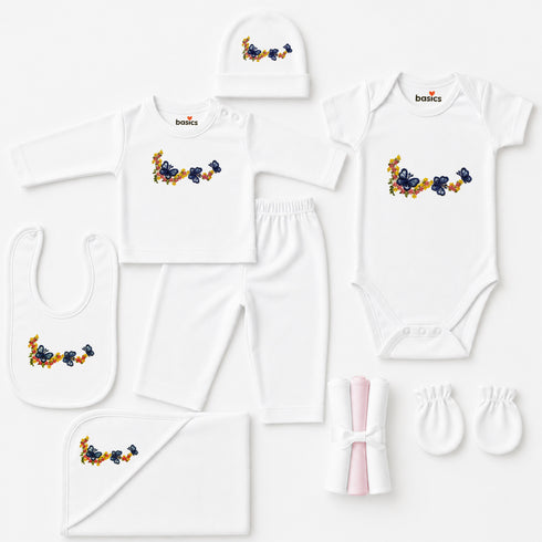 Pack of 10 Baby Starter Gift Set White Embroidered Floral & Butterfly