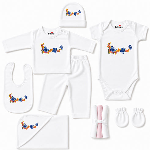 Pack of 10 Baby Starter Gift Set White Embroidered Floral & Butterfly