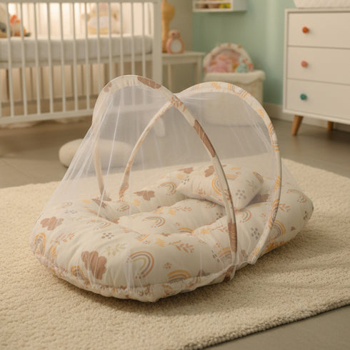Basics Baby Bed Net with Pillow Beige Rainbow Print