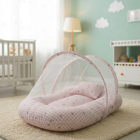 Basics Baby Bed Net with Pillow Pink Vintage Bow Checks