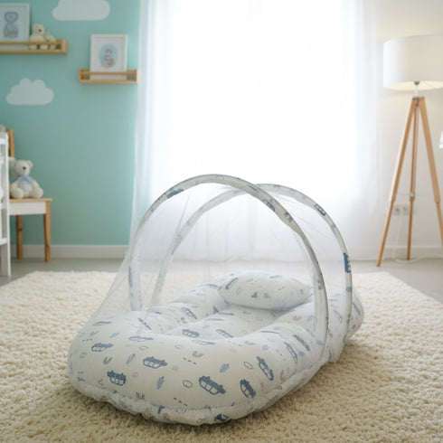 Basics Baby Bed Net with Pillow White & Blue Cars Print
