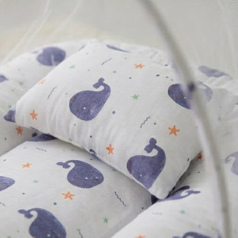 Basics Baby Bed Net with Pillow White Blue Dolphins