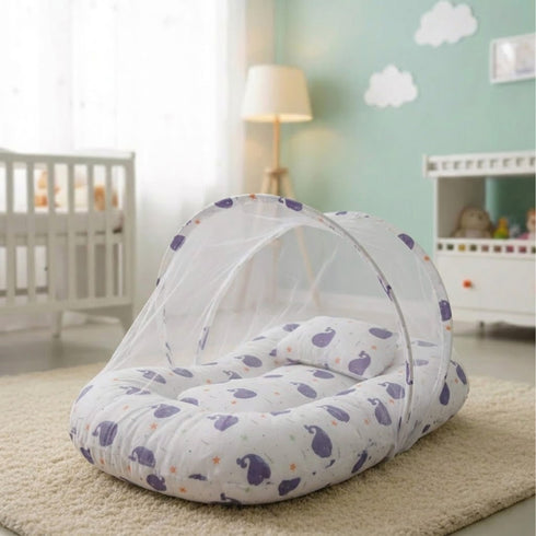 Basics Baby Bed Net with Pillow White Blue Dolphins
