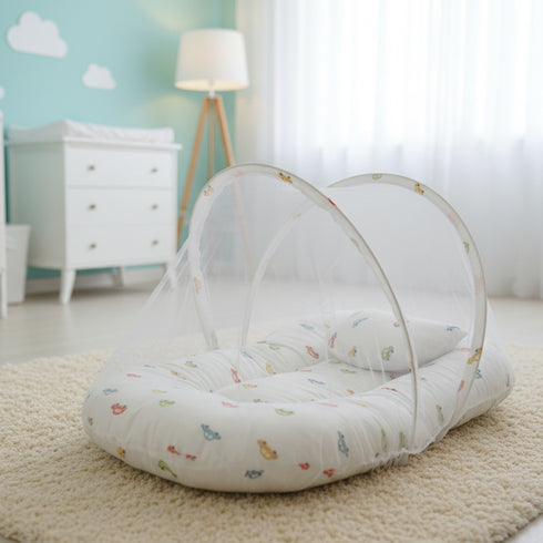 Basics Baby Bed Net with Pillow White Cars
