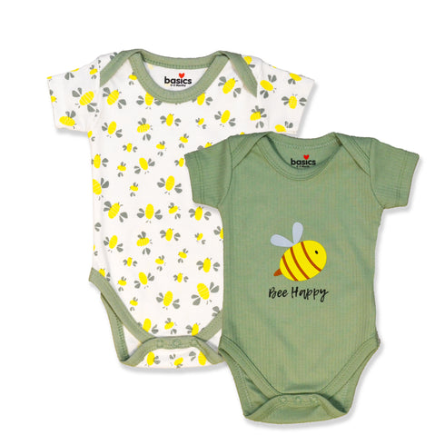 Basics Baby Body Suits Pack of 2 Green White Bee Happy