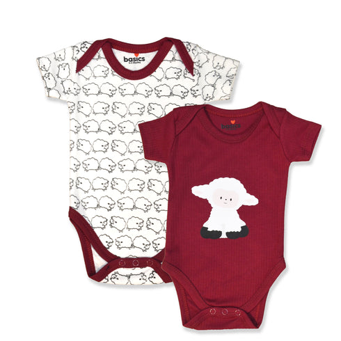 Basics Baby Body Suits Pack of 2 Maroon White Baby Sheep