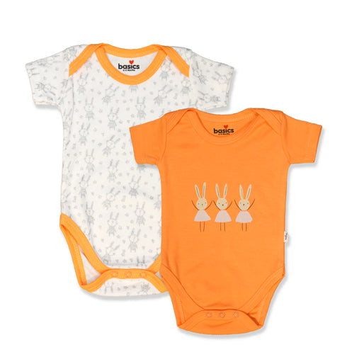 Basics Baby Body Suits Pack of 2 Peach White Baby Rabbits Glittered