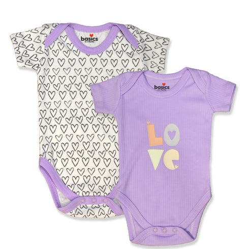 Basics Baby Body Suits Pack of 2 Purple White Love Hearts