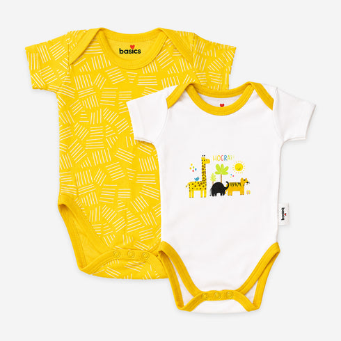 Basics Baby Body Suits Pack of 2 Yellow White Jungle Horea