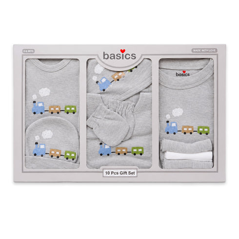 Basics Cotton Baby Gift Box Grey Train Embroidered Starter Set 0–6M