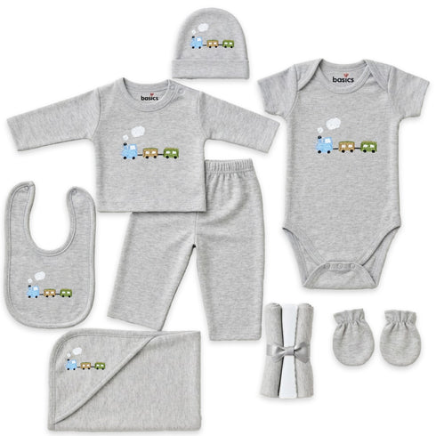 Basics Cotton Baby Gift Box Grey Train Embroidered Starter Set 0–6M