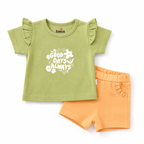 Basics Baby Girl Suit T-Shirt and Shorts Green Peach Floral